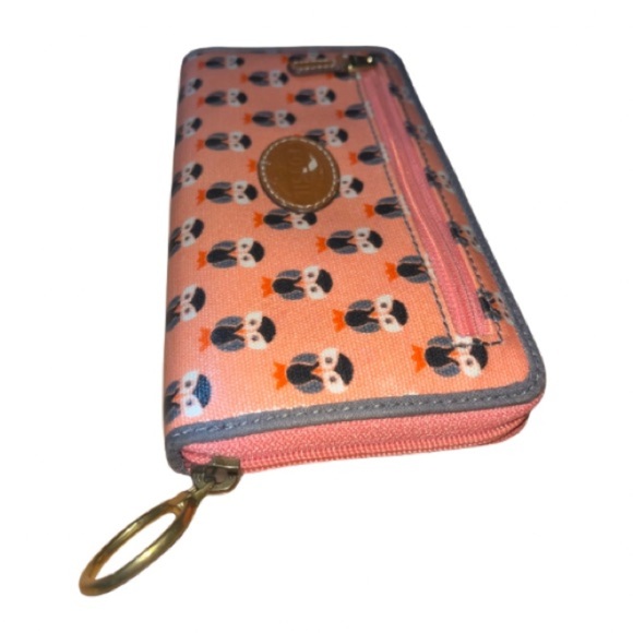 Fossil Owl Print Peach Zip Around Closure, Long Wallet with Keyring, Gray Trim - Picture 5 of 11